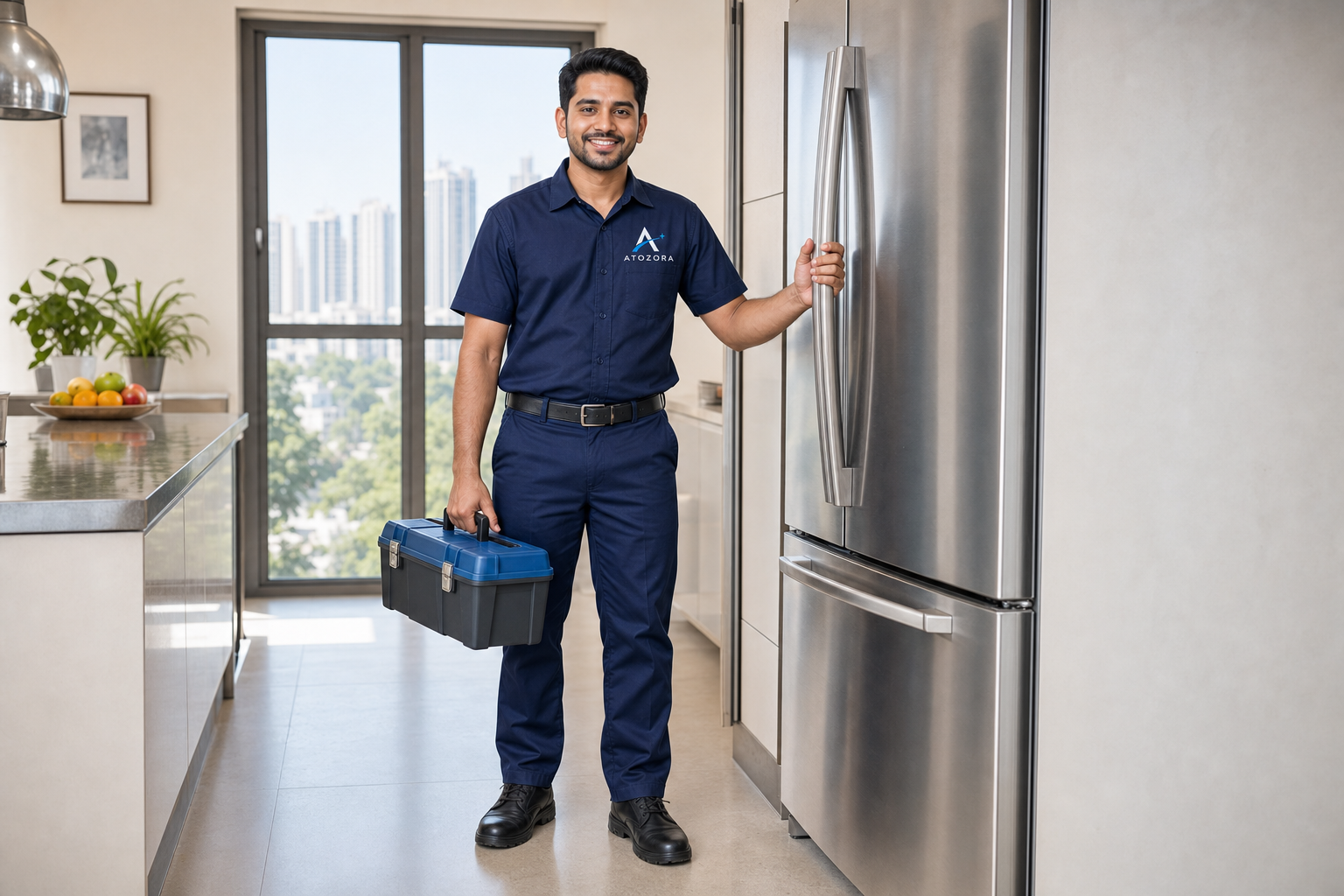 Atozora branded technician standing beside a refrigerator